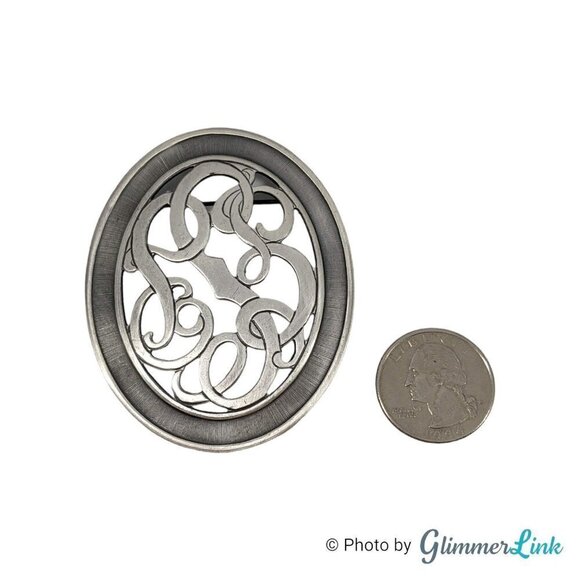 Vintage Large Oval Open Scroll Work Silver Tone Brooch - Picture 3 of 9